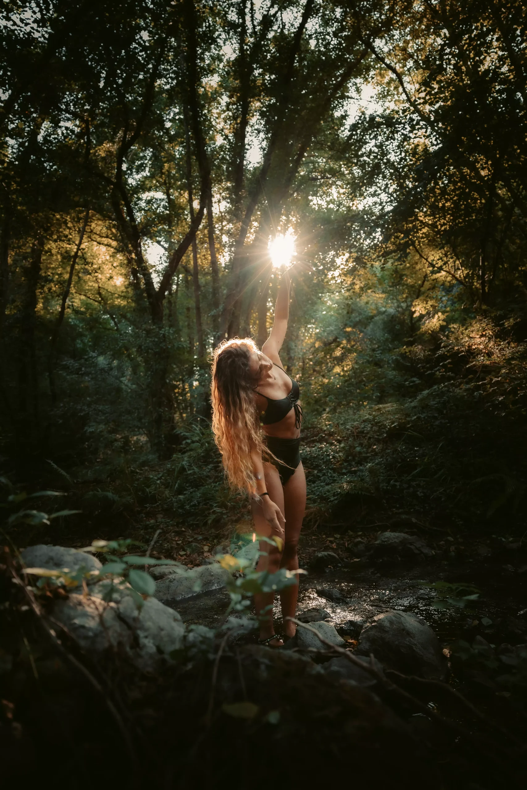 Personal Branding - Ragazza nella foresta che si piega verso il sole